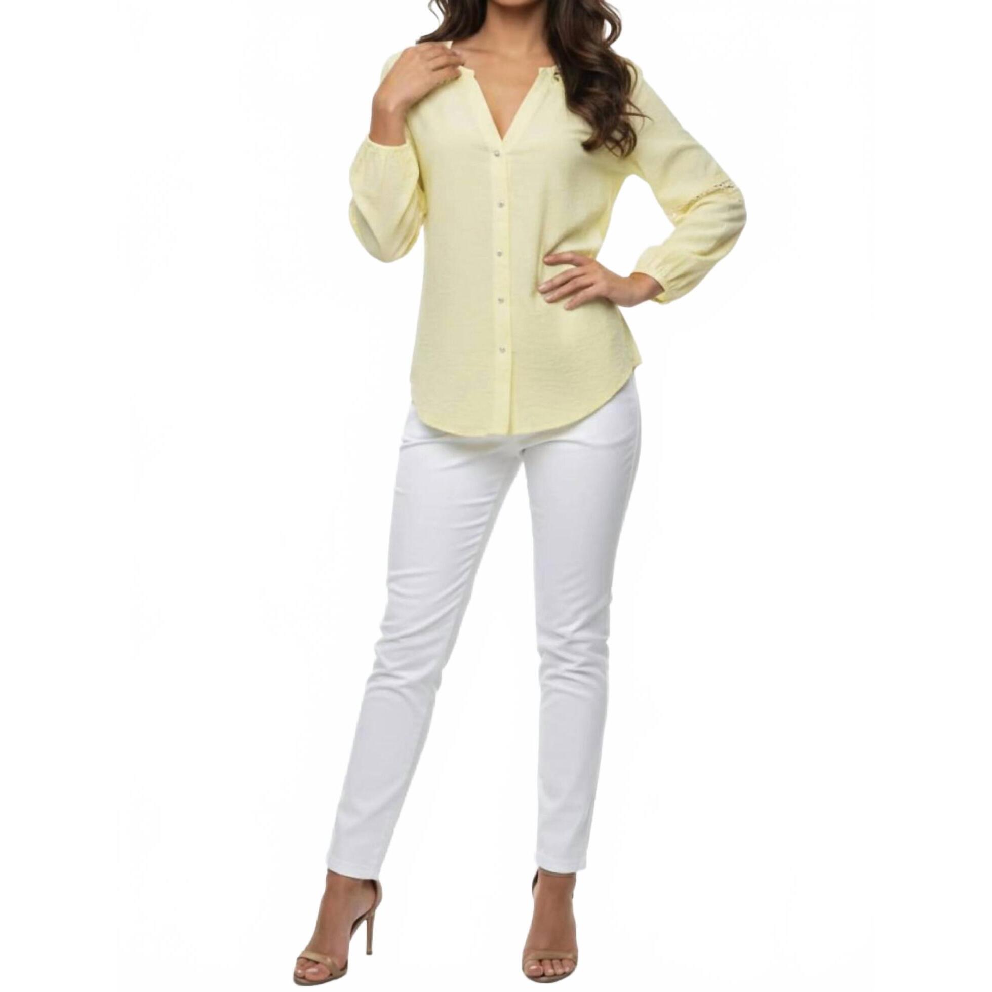 New Hester & Orchard Lace-Trim Split Neck Button-Down Blouse In Yellow